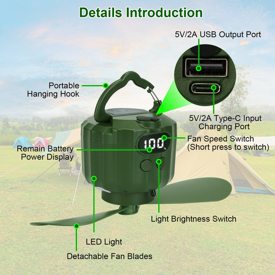 Multifunktionell campingfläkt med LED-lampa