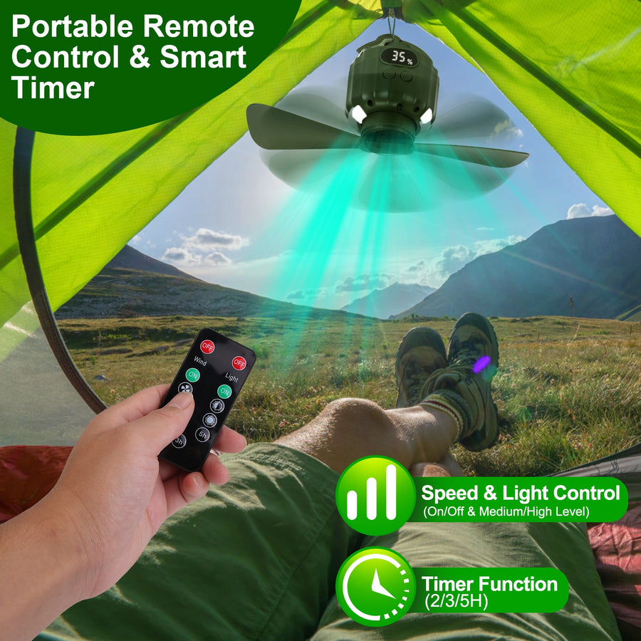 Multifunktionell campingfläkt med LED-lampa