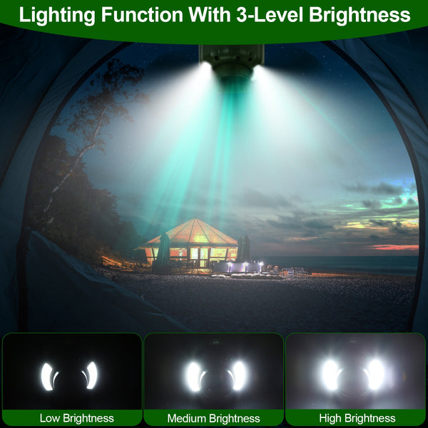 Multifunktionell campingfläkt med LED-lampa