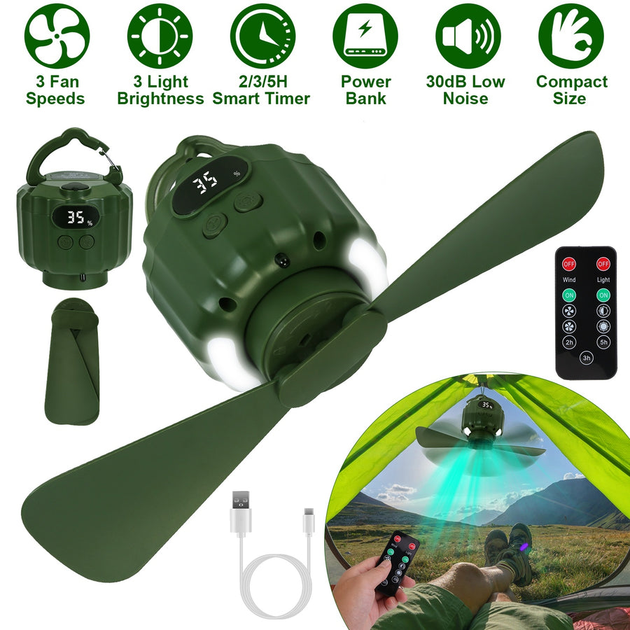 Multifunktionell campingfläkt med LED-lampa